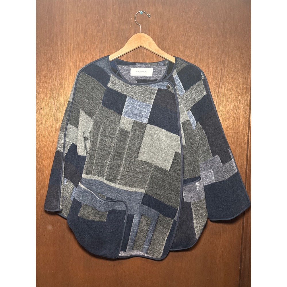 T Tahari Patchwork Virgin Wool Blend Knit Wrap Jacket Cardigan Lagenlook